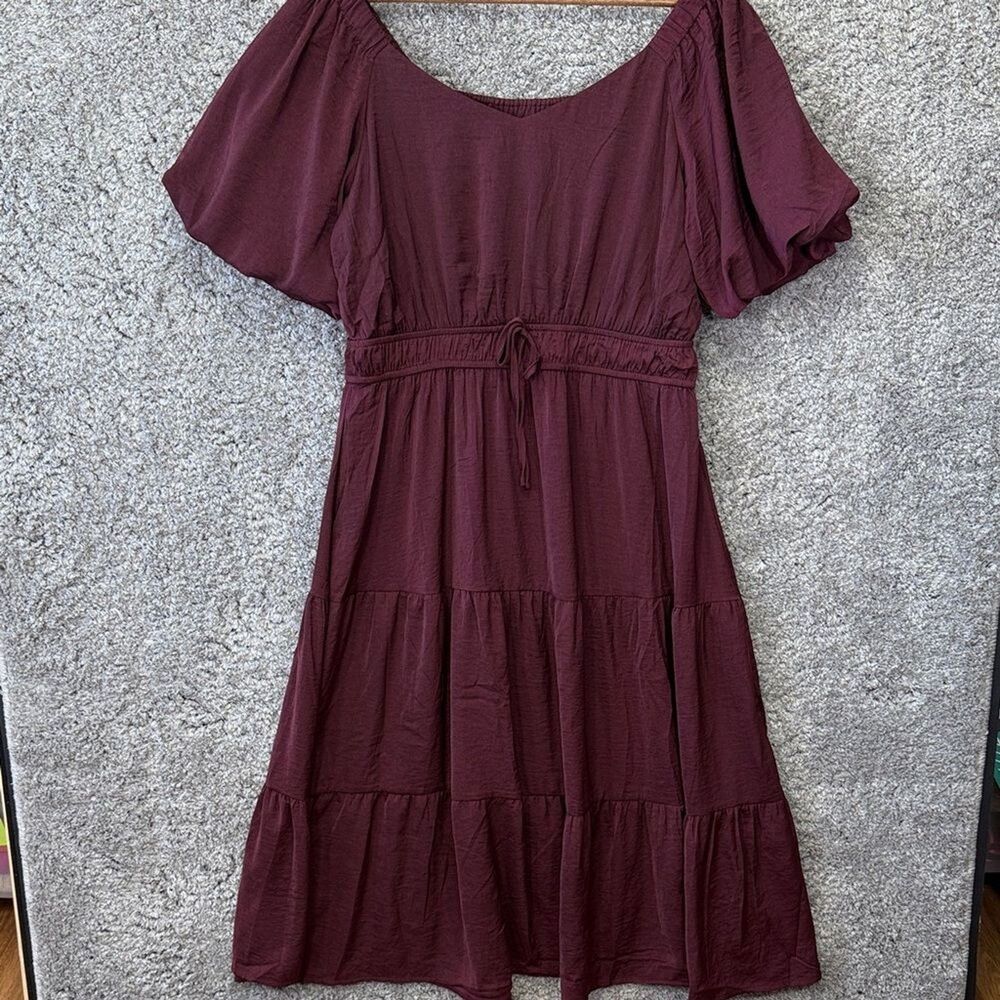 Maurice’s Burgundy Purple Midi Dress Large Tiered Puff Sleeve NWT Flowy